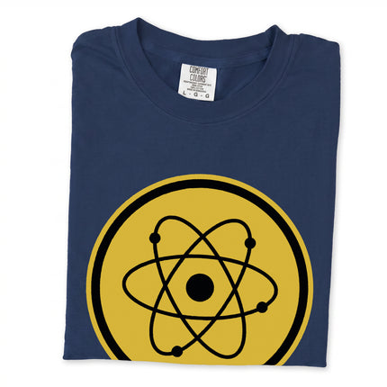Retro atomic symbol science emblem t-shirt with a golden vintage graphic print.