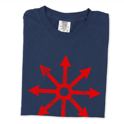 Chaos Star long sleeve tee featuring a red eight-arrow symbol graphic print.