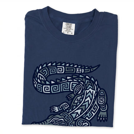 Mayan tribal crocodile graphic printed on a unisex t-shirt featuring indigenous animal art.
