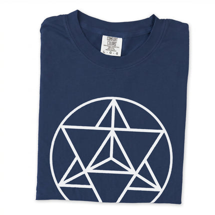 Sacred geometry Merkaba star graphic on a white long sleeve t-shirt.