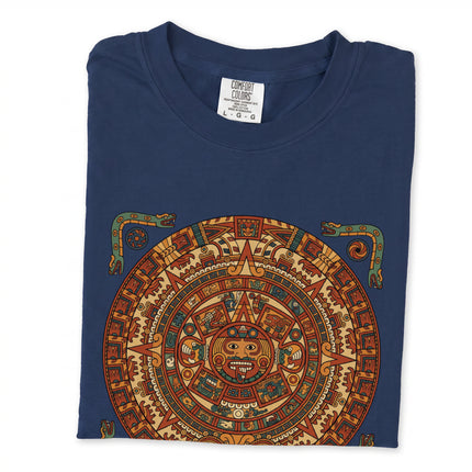 Mayan Calendar graphic t-shirt featuring ancient Mesoamerican art design print.