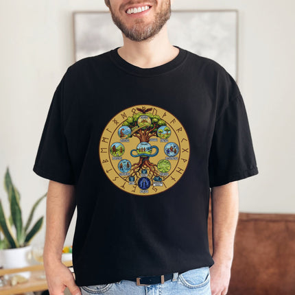 Norse Yggdrasil Nine Worlds Tree T-Shirt, Nine Realms Rune Mythology Graphic Tee