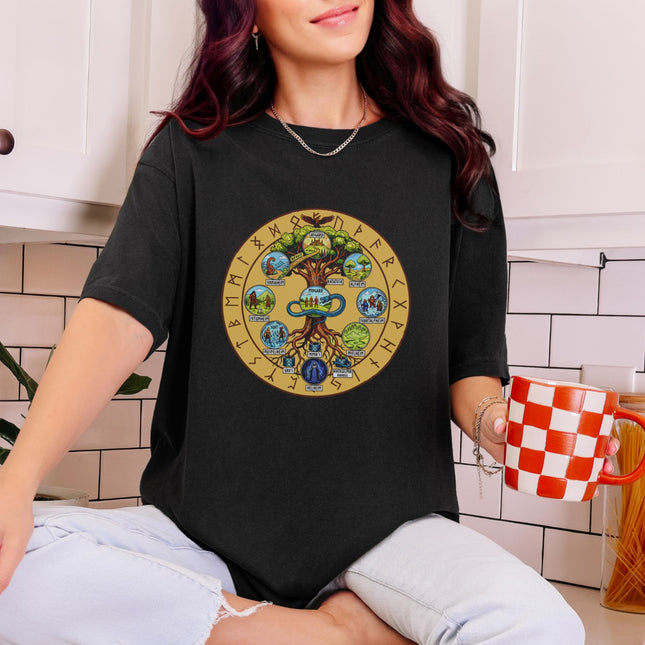 Norse Yggdrasil Nine Worlds Tree T-Shirt, Nine Realms Rune Mythology Graphic Tee