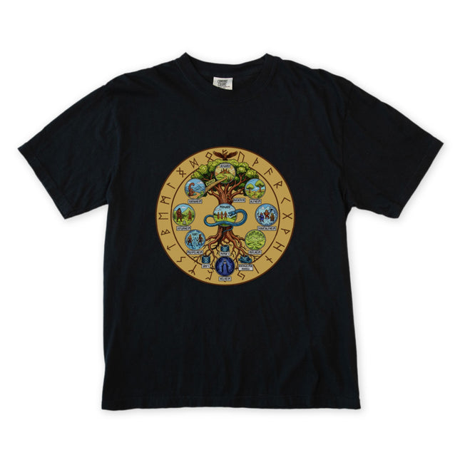 Norse Yggdrasil Nine Worlds Tree T-Shirt, Nine Realms Rune Mythology Graphic Tee