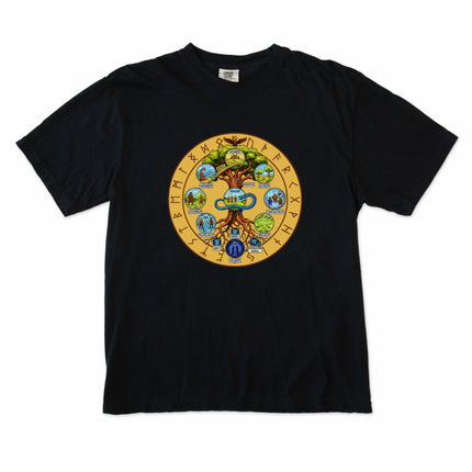 Norse Yggdrasil World Tree graphic tee featuring nine realms and rune mythology design.