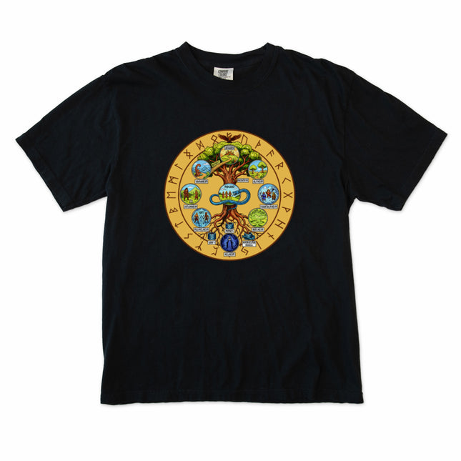Norse Yggdrasil World Tree graphic tee featuring nine realms and rune mythology design.
