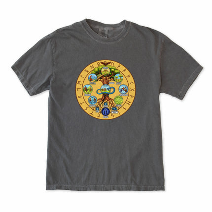Norse Yggdrasil World Tree graphic tee with nine realms and runic symbols, featuring mythology art.