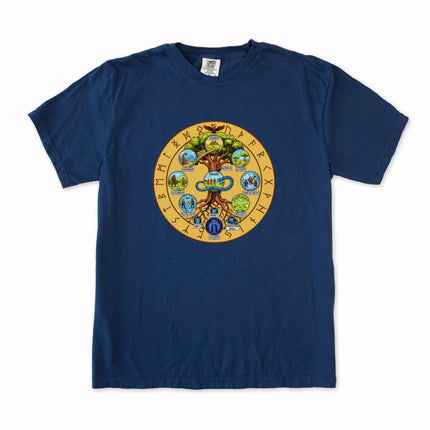 Norse Yggdrasil World Tree graphic t-shirt design with nine realms and rune mythology art.