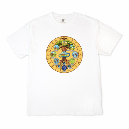 Graphic tee featuring Yggdrasil, the Norse World Tree, with nine realms mythology rune graphic design.