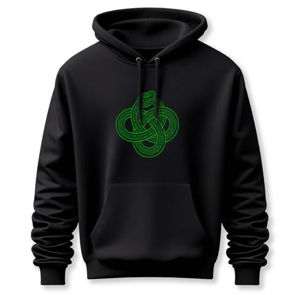 Green Celtic knotwork ouroboros symbol on a black unisex hoodie.