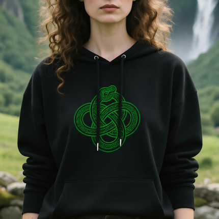 Green Celtic Ouroboros knotwork symbol on a black pullover hoodie.