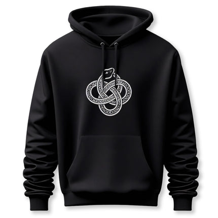 Black hoodie featuring a white knotwork Ouroboros serpent symbol.