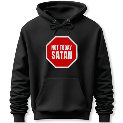 Black hoodie with "Not Today Satan" stop sign graphic.