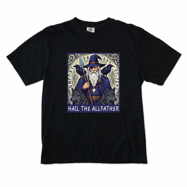 Norse mythology Odin T-shirt design featuring ravens, wolves, and the Allfather god.