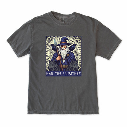Odin Allfather Norse Mythology T-shirt featuring ravens and wolves Viking god design.