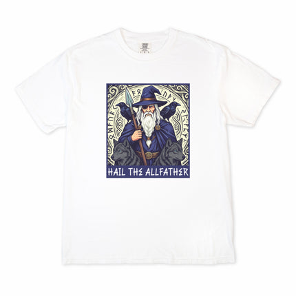 Odin Allfather Norse mythology t-shirt featuring ravens and wolves Viking god graphic art.