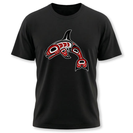 Indigenous orca formline art t-shirt featuring Northwest Coast killer whale tribal design.