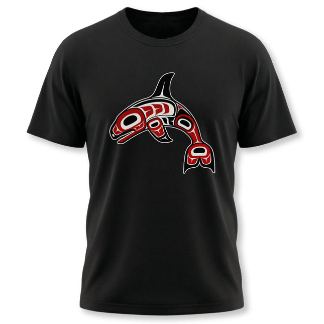 Indigenous orca formline art t-shirt featuring Northwest Coast killer whale tribal design.