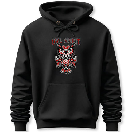 "OWL SPIRIT" Red & Black Indigenous Owl Hoodie | Pacific Northwest Art Hoodie