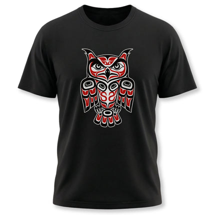 Formline owl graphic tee in red and black, featuring Pacific Northwest Indigenous art design.