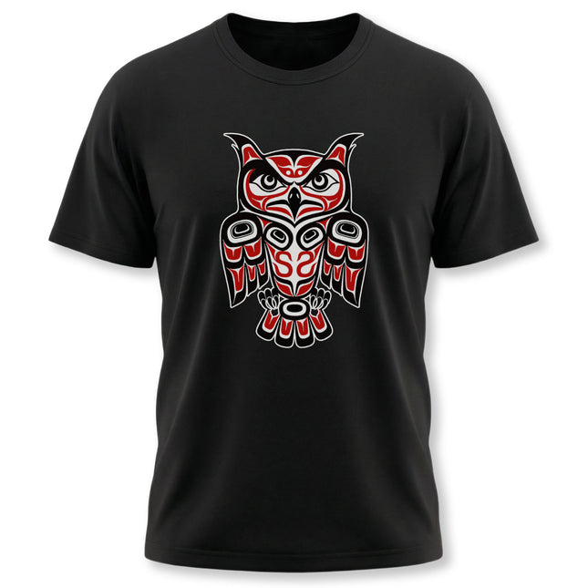Formline owl graphic tee in red and black, featuring Pacific Northwest Indigenous art design.