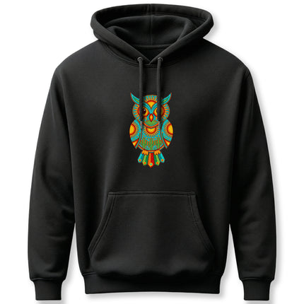 Huichol tribal owl art graphic on black hoodie, featuring vibrant Mexican folk design.