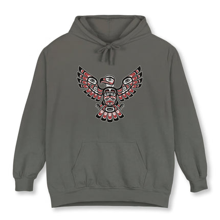 Pacific Northwest Haida eagle art graphic on a gray pullover hoodie.