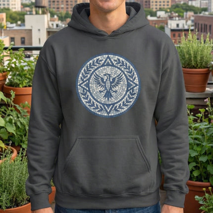 Classical mosaic eagle and laurel wreath symbol print on a hoodie.