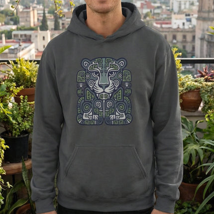 Mayan Jaguar Geometric Art Hoodie | Tribal Symbol Mesoamerican Pullover Hoodie