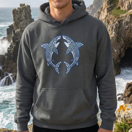 Mayan tribal sharks symbol on a gray hoodie. Geometric blue design featuring marine life and duality.