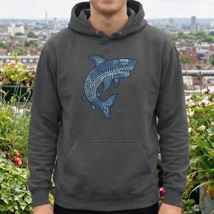 Geometric blue tribal shark design with Mayan Aztec patterns.