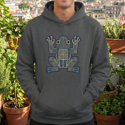 Mayan Frog Symbol Geometric Hoodie | Ancient Aztec Tribal Art Pullover Hoodie