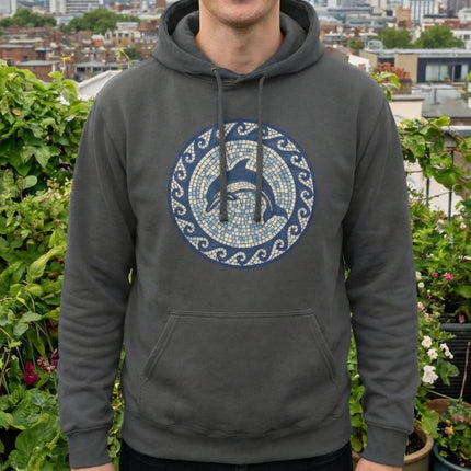 Coastal mosaic dolphin art graphic on a gray hoodie, featuring blue ocean waves and nautical style.