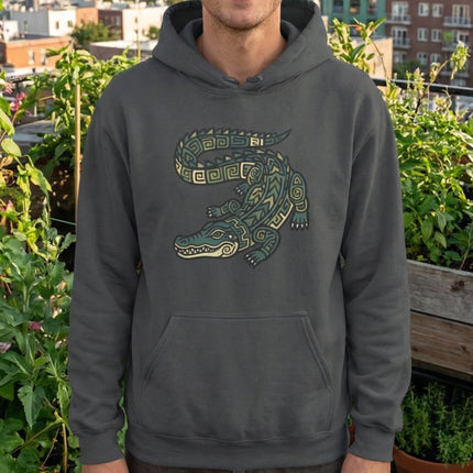 Mayan Crocodile Tribal Art Hoodie | Ancient Geometric Symbol Pullover Hoodie