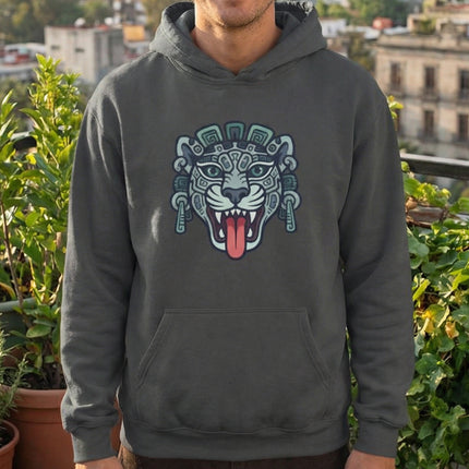 Mayan jaguar head tribal art graphic, Mesoamerican style pullover design.