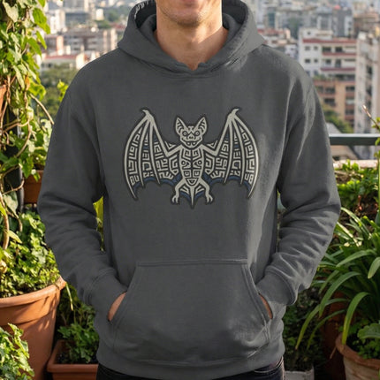 Mayan tribal bat symbol graphic on a charcoal pullover hoodie.