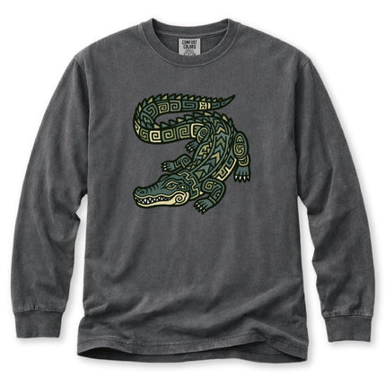 Stylized Mayan crocodile graphic tee featuring a detailed geometric reptile pattern.