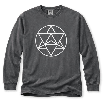 Sacred geometry Merkaba star graphic on a white long sleeve t-shirt.