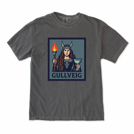 Gullveig Norse Goddess t-shirt featuring Viking mythology art with torch and chalice design.