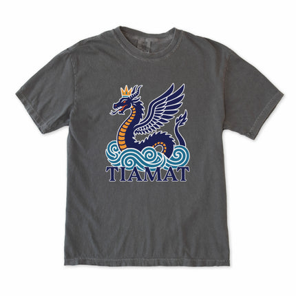 Tiamat Dragon graphic tee featuring a crowned sea serpent mythology design print.