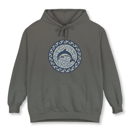 Gray hoodie featuring a circular mosaic dolphin design with blue ocean and coastal art.