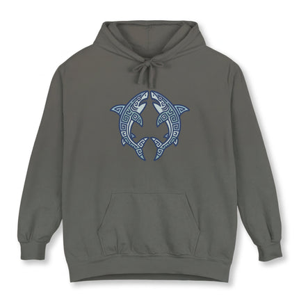 Blue tribal Mayan sharks symbol printed on a grey unisex hoodie.
