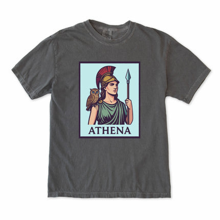 Athena Greek Goddess graphic tee with owl and spear motif; mythology unisex t-shirt design.