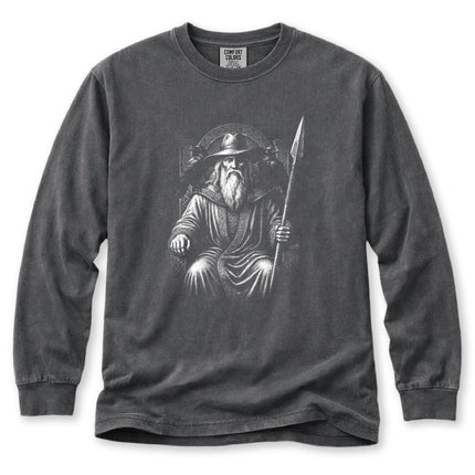 Odin Norse god graphic art featuring a seated figure, spear, and ravens on a long sleeve tee.