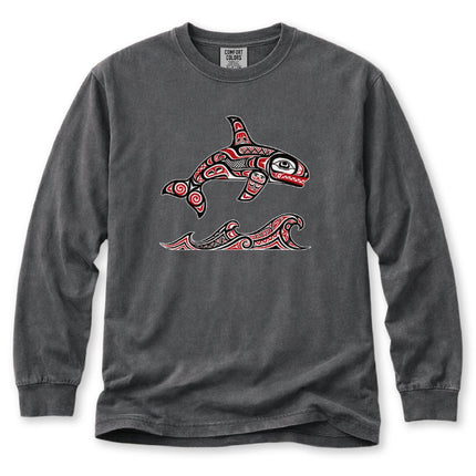 Formline Orca Long Sleeve T-Shirt | Red and White Ocean Graphic Tee