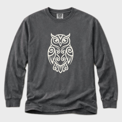 Geometric owl line art graphic on a long sleeve t-shirt.