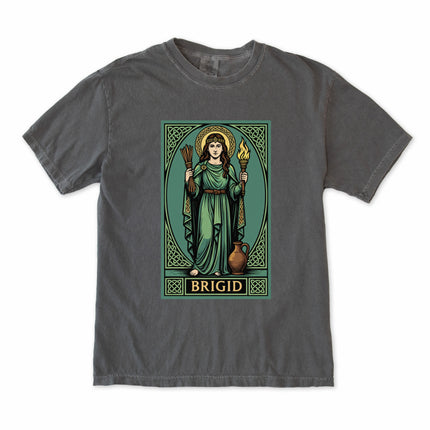 Brigid Celtic Goddess t-shirt featuring intricate Irish knotwork and mythological fire motifs.