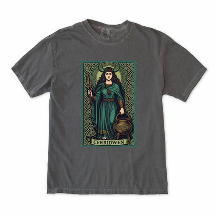 Cerridwen Celtic Goddess T-shirt featuring cauldron witch mythology artwork.