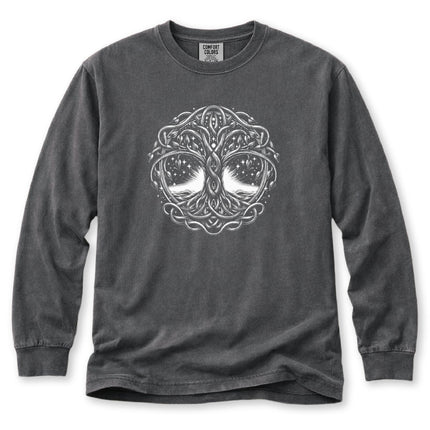 Black long sleeve tee with intricate Celtic Tree of Life knotwork design.