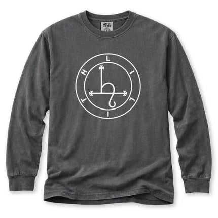 White long sleeve t-shirt featuring a circular occult sigil graphic print.
